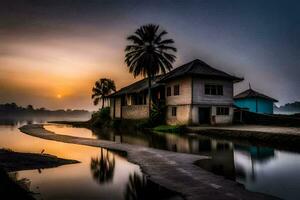 a house and palm trees in the water at sunset. AI-Generated photo