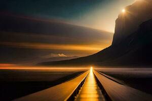 un tren pista es yendo mediante el Desierto a noche. generado por ai foto