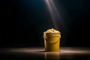 a bucket of popcorn on a dark floor. AI-Generated photo