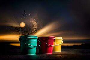 three buckets of sand are sitting on a table. AI-Generated photo