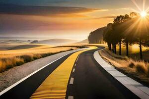 a long road with yellow lines and the sun shining. AI-Generated photo