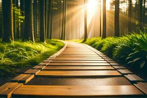 a wooden path in the forest with sunlight shining through. AI-Generated photo