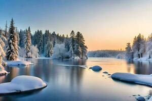 a winter landscape with snow covered trees and water. AI-Generated photo