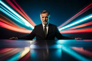 a man in a suit and tie sitting at a table with colorful lights behind him. AI-Generated photo