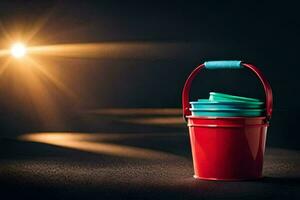 a red bucket with two blue lids sitting on a black surface. AI-Generated photo