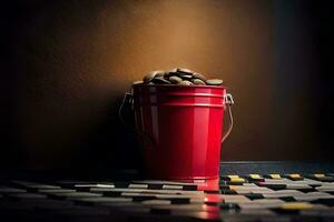 a red bucket filled with coins sitting on a tile floor. AI-Generated photo