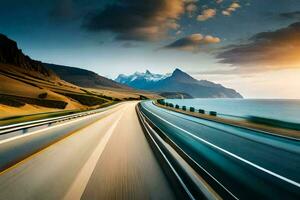 un coche conducción en un autopista con montañas en el antecedentes. generado por ai foto