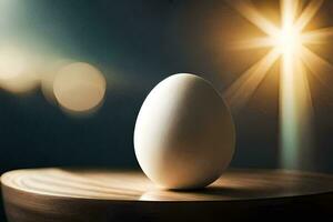 an egg on a wooden table with a bright light behind it. AI-Generated photo