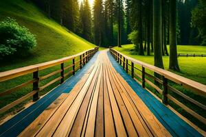 wooden walkway in the forest at sunset. AI-Generated photo