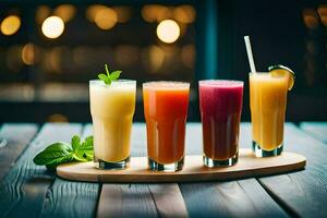 four different juices are sitting on a wooden tray. AI-Generated photo