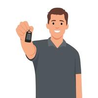 Happy man showing off car keys after getting loan or leasing to buy new car. Guy selling automobile dealership with smile recommends purchasing new auto model in good configuration at bargain price. vector