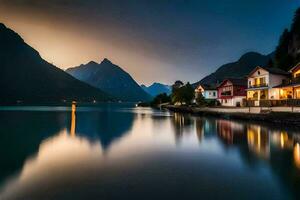 un lago y casas en el montañas a oscuridad. generado por ai foto