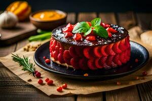 a cake with red beets on a black plate. AI-Generated photo
