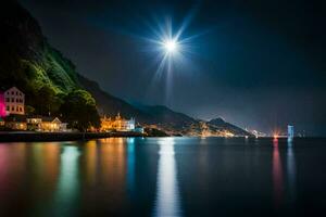 un Luna brilla brillantemente terminado un pueblo en el apuntalar de un lago. generado por ai foto