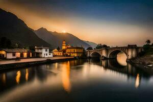 a bridge over a river at sunset with mountains in the background. AI-Generated photo