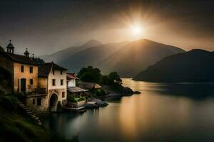 a house sits on the shore of a lake with the sun shining. AI-Generated photo