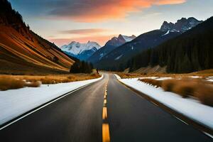 a road in the mountains with snow and mountains in the background. AI-Generated photo