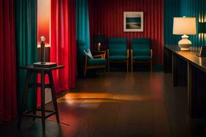 un habitación con rojo y azul cortinas y un lámpara. generado por ai foto
