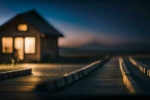 a miniature house with a train track in front of it. AI-Generated photo