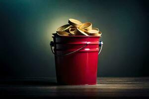 a red bucket filled with gold coins. AI-Generated photo