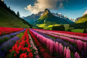 un hermosa campo de flores con montañas en el antecedentes. generado por ai foto