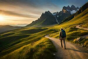 a man walks down a path in the mountains. AI-Generated photo