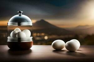 eggs in a jar on a table with a mountain in the background. AI-Generated photo