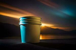 a bucket of water sits on the ground at sunset. AI-Generated photo