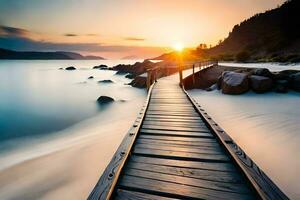 un de madera paseo marítimo Guías a el Oceano a puesta de sol. generado por ai foto