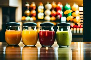 cinco diferente tipos de jugos en vaso frascos. generado por ai foto