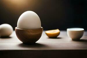 an egg in a wooden bowl with an orange. AI-Generated photo