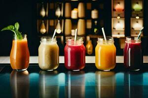 a row of different colored smoothies in glass jars. AI-Generated photo