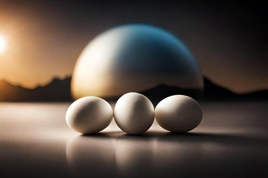 three eggs are sitting on a table with a large egg in the background. AI-Generated photo