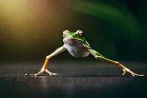 a frog is standing on its hind legs. AI-Generated photo