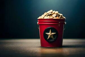 a red bucket filled with coins and a star. AI-Generated photo