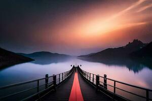 a long pier with a red line leading to the water. AI-Generated photo