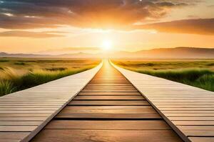 a wooden walkway leads to the sun. AI-Generated photo