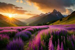 the sun rises over a field of purple flowers in the mountains. AI-Generated photo