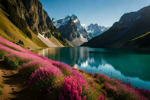 the lake is surrounded by pink flowers and mountains. AI-Generated photo