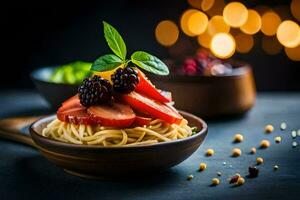 spaghetti with blackberries and basil on a dark background. AI-Generated photo