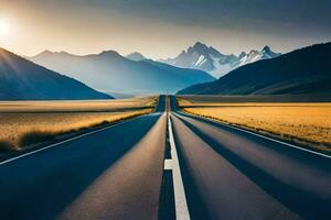 un largo vacío la carretera en el medio de un campo. generado por ai foto