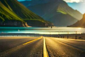 a road with mountains in the background. AI-Generated photo