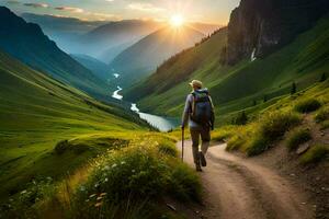 a man walks along a path in the mountains. AI-Generated photo