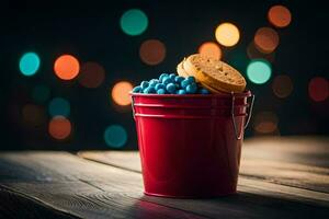 a red bucket filled with blueberries and cookies. AI-Generated photo