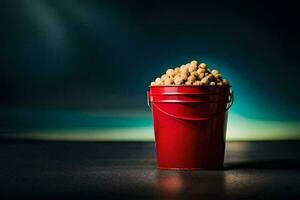 a red bucket filled with peanuts on a dark table. AI-Generated photo