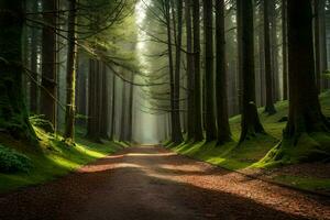 un suciedad la carretera en el medio de un bosque. generado por ai foto