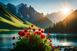 red flowers in the mountains. AI-Generated photo
