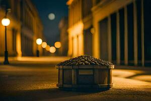 a small wooden box sitting on the street at night. AI-Generated photo