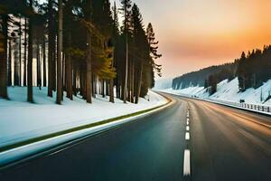 a snowy road in the mountains with trees. AI-Generated photo