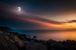 el Luna sube terminado el Oceano a puesta de sol. generado por ai foto